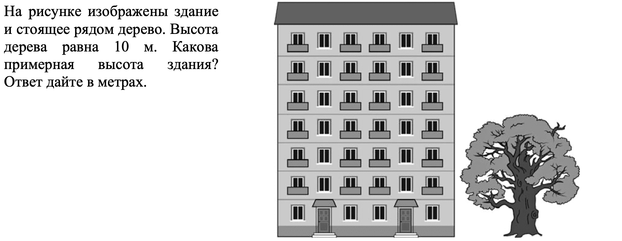 На рисунке изображены здание и стоящее рядом дерево высота входной двери в здание равна 2м